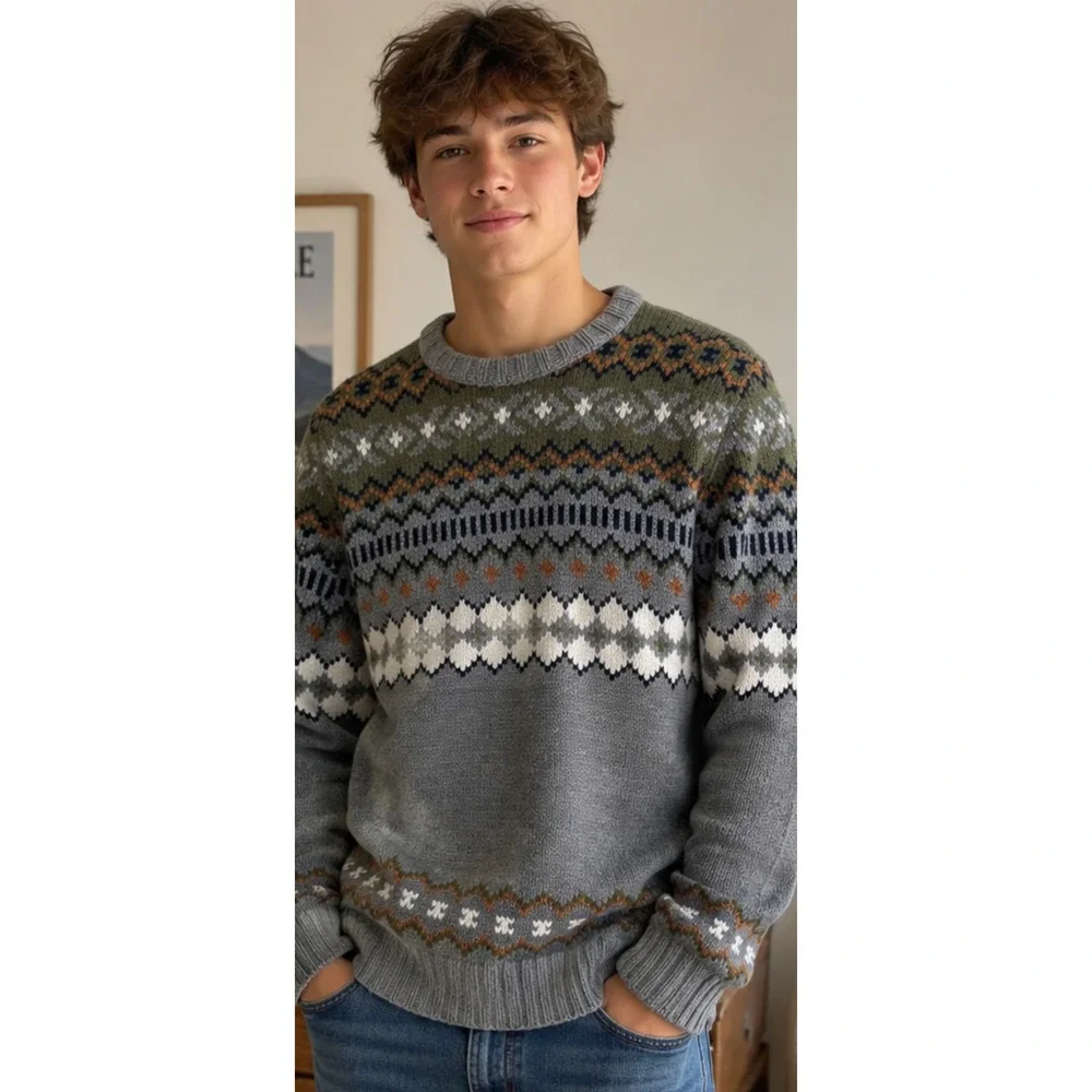 American Eagle Mens Grey Fair Isle Crewneck Sweater Size Large Knit Pullover